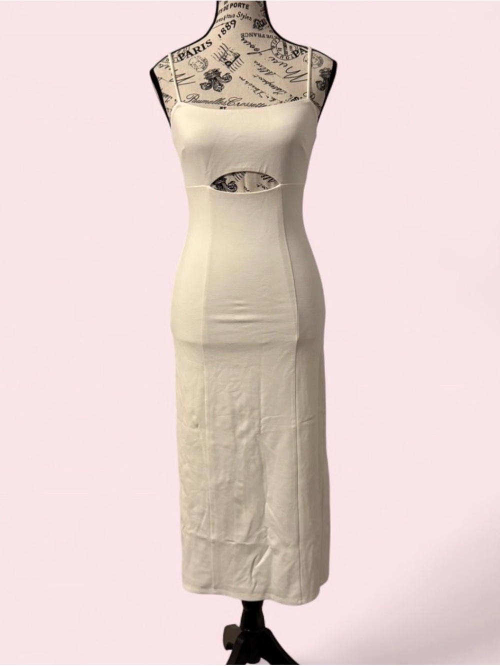 H:OURS Enzo Spaghetti Strap Cream Cutout Midi Dress